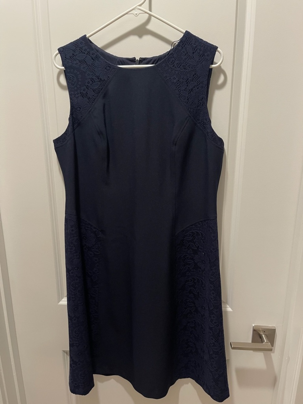Adrianna Papell Navy Sleeveless Midi Dress with Lace Panels